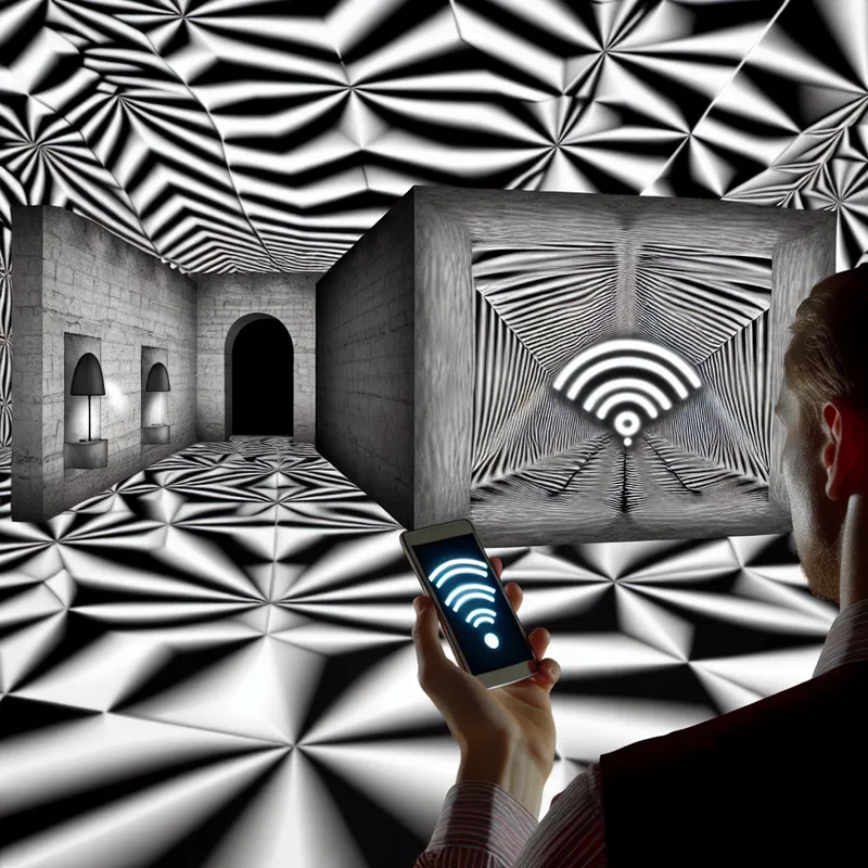 Surrealistische kelder met persoon die een smartphone vasthoudt zonder signaal, omringd door geometrische radiogolfpatronen in de stijl van M.C. Escher