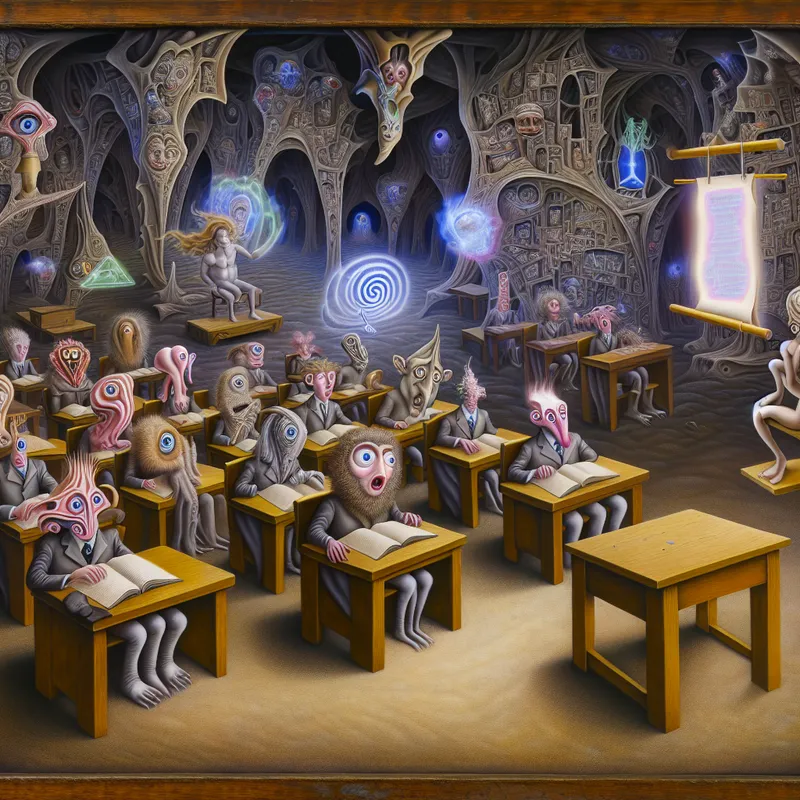 Surrealistisch klaslokaal met fantastische wezens die verward naar een zwevende, gloeiende rol kijken zonder juiste antwoorden, symboliserend 'geen van de genoemde'