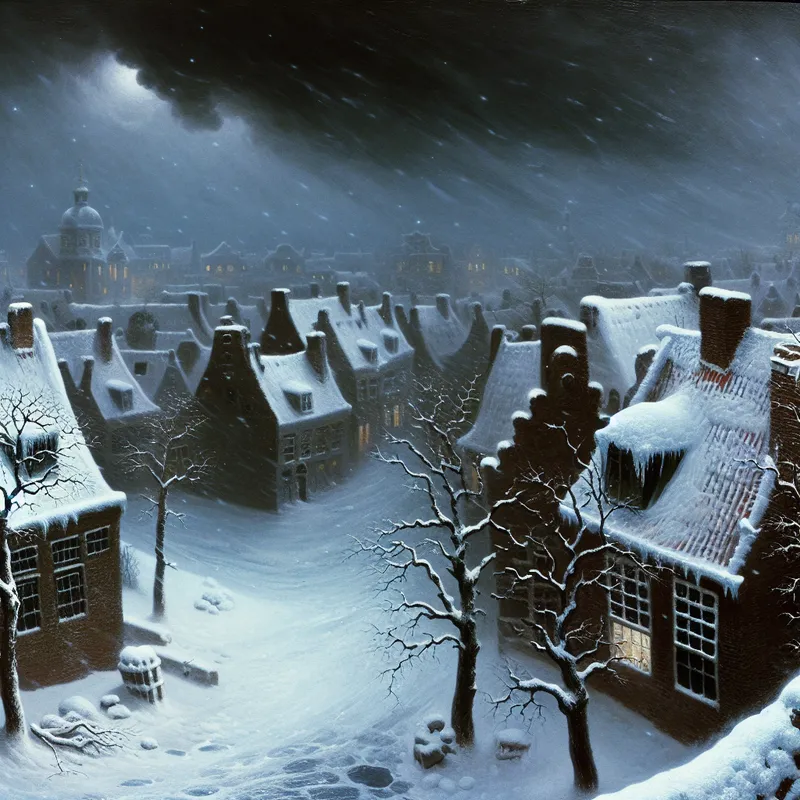 Lege, besneeuwde straat tijdens een hevige winterstorm in de stijl van Hendrick Avercamp, met ijspegels, kale bomen en donkere luchten, illustrerend de uitdrukking 'geen ziel te bekennen'