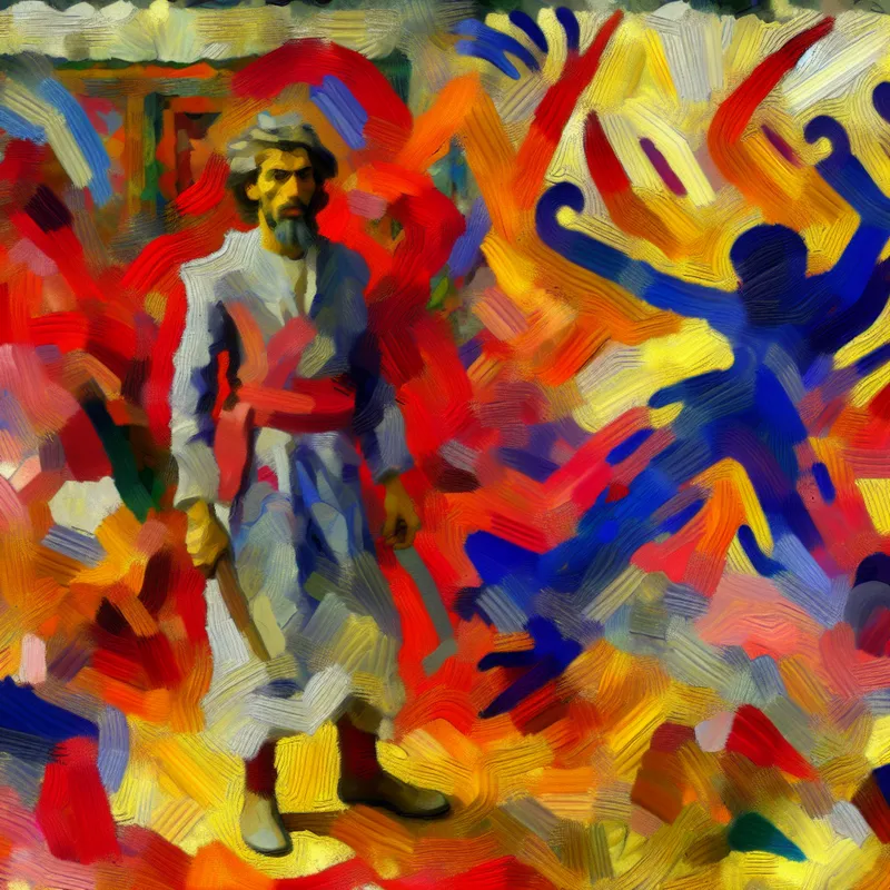 Abstract expressionistisch schilderij van een zelfverzekerd persoon temidden van chaotische, dreigende vormen en felle kleuren, symboliserend absolute angstloosheid en vastberadenheid in elke situatie