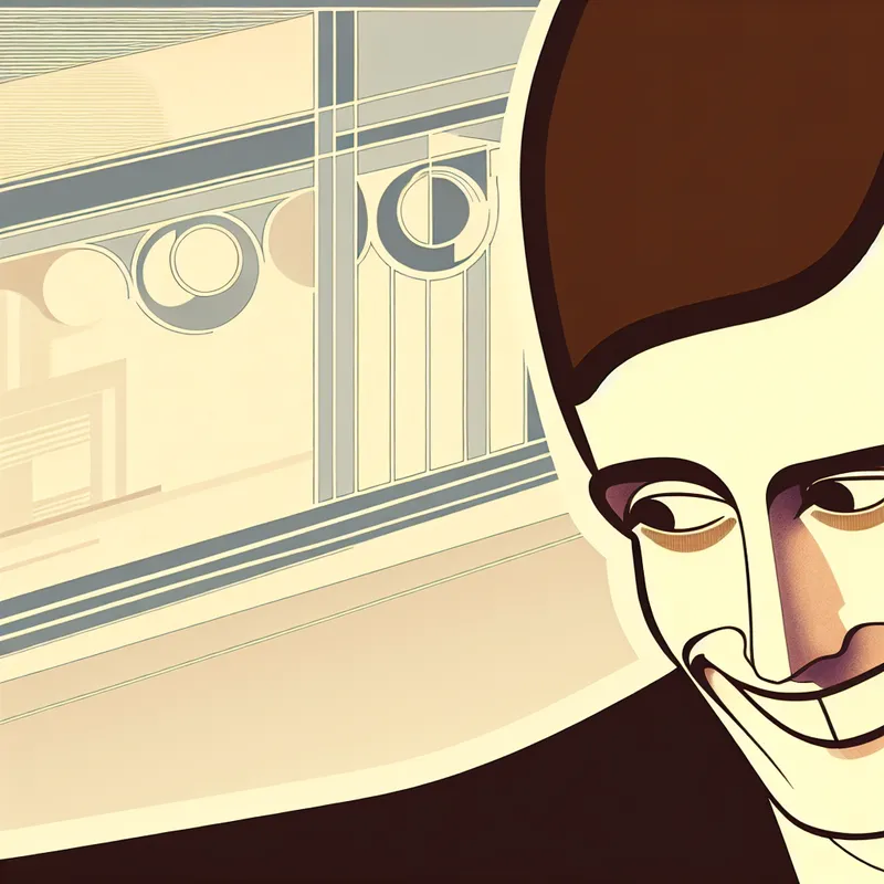 Retro-futuristische illustratie van een persoon met een geforceerde glimlach die een verborgen geheim verraadt, met subtiele gezichtsuitdrukkingen en geometrische achtergrond