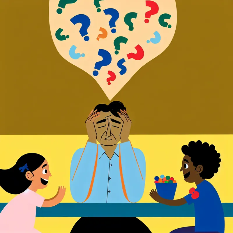 Frustrated parent at a table with colorful question marks above their head, depicting irritation and curiosity