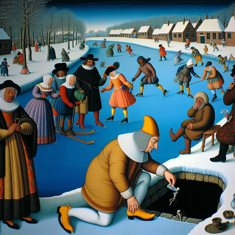 17e-eeuws wintertafereel met schaatsers op een bevroren kanaal en een oudere man die een geheim in een graf legt, symboliserend 'een geheim meenemen in het graf'
