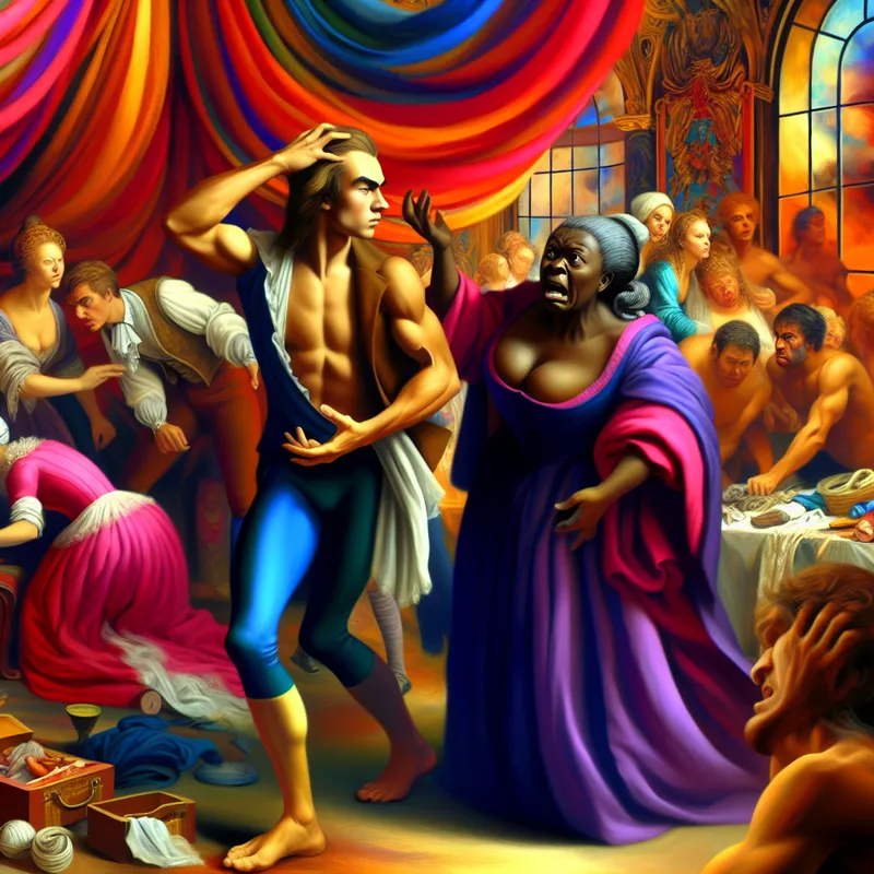 Barokke scène van een jonge man die per ongeluk een geheim verraadt aan een geschokte oudere vrouw, terwijl anderen teleurgesteld toekijken