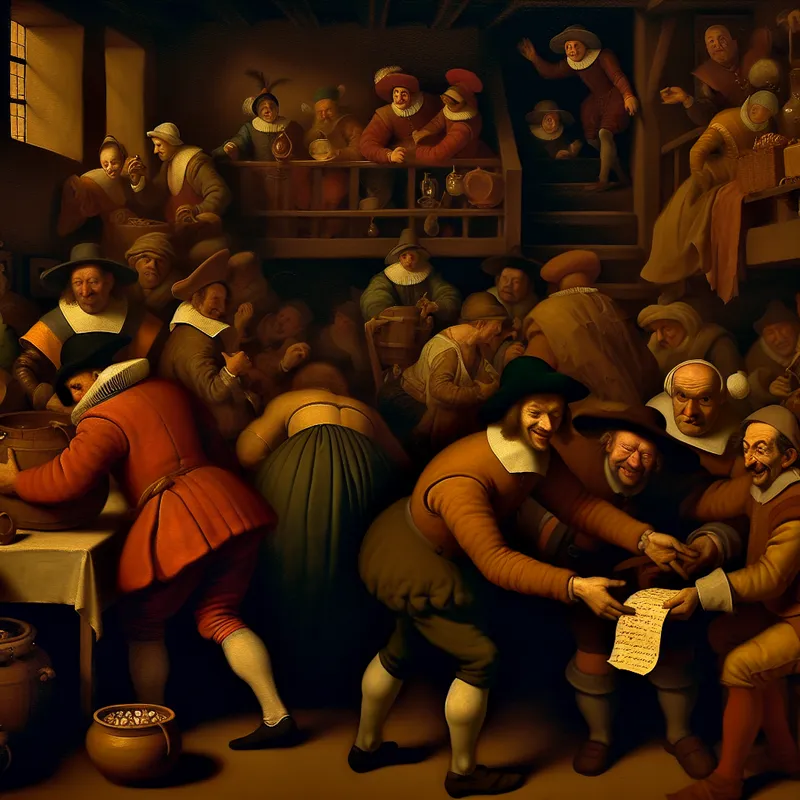 17e-eeuws Nederlands tafereel van een chaotische taverne waar een persoon heimelijk een verzegeld document steelt van een afgeleide handelaar, symbool voor geheime informatie