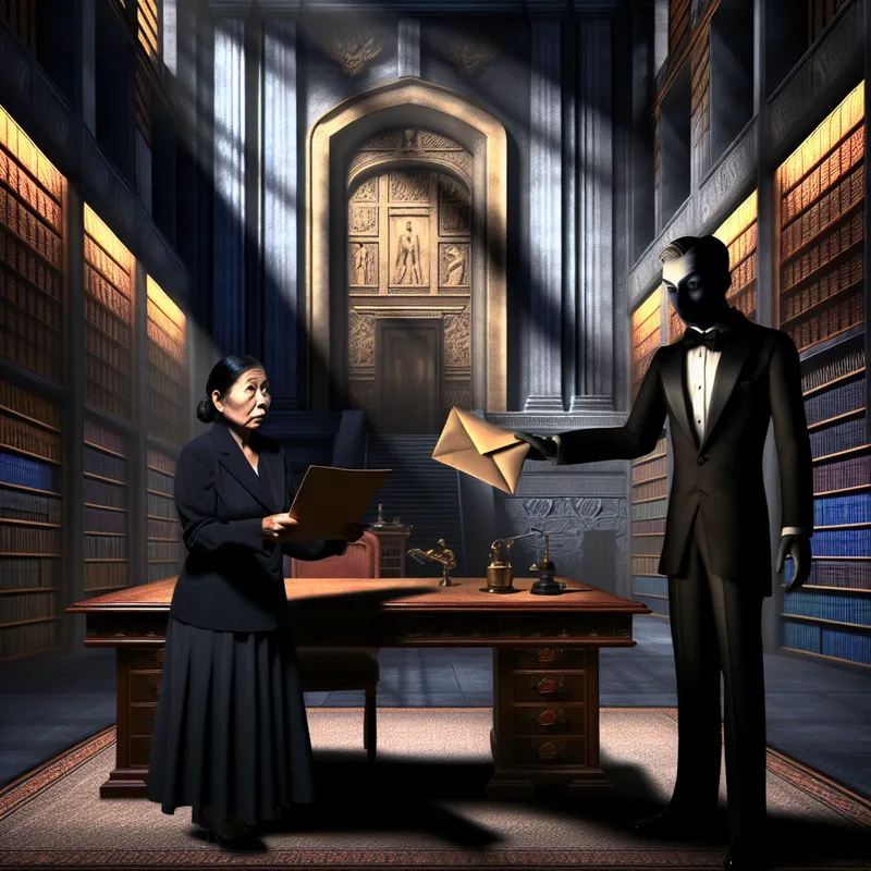 Hyperrealistisch surrealistisch tafereel van een geheim agent in smoking die een geheime opdracht ontvangt van een strenge meerdere in een donker, monumentaal kantoor