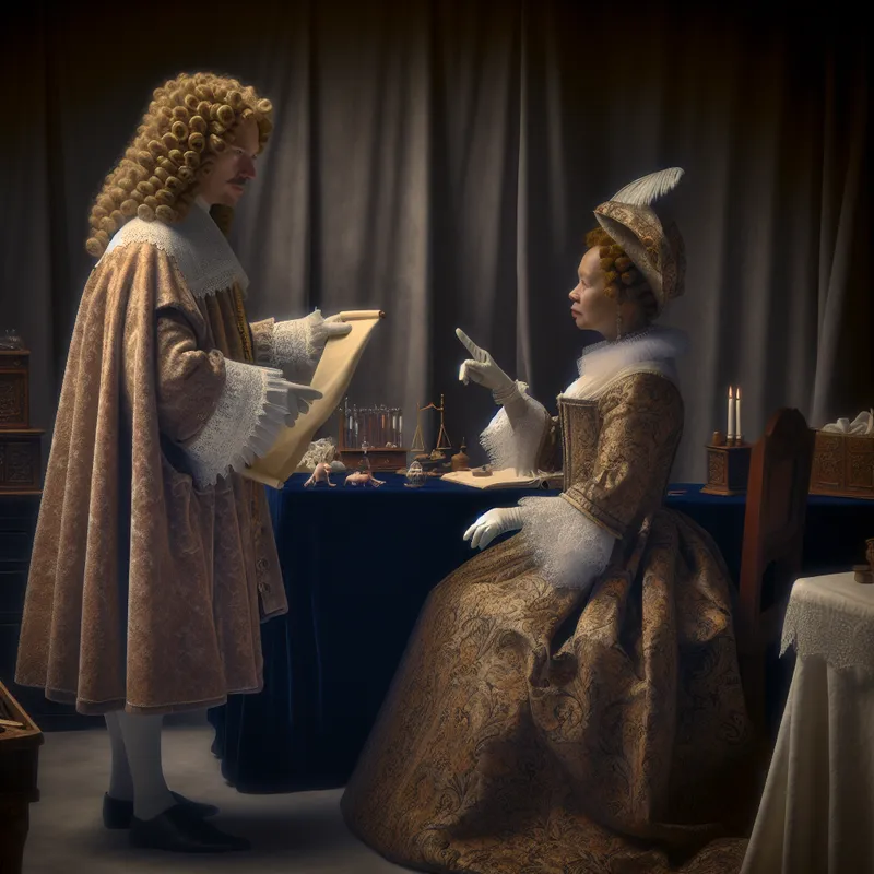 17e-eeuwse Nederlandse scène waarin een patiënt gehoorzaam medisch advies opvolgt van een dokter in een elegant interieur met zachte verlichting