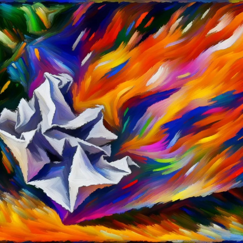 Abstracte expressie met gekreukeld papier dat door de wind wordt geblazen, gekenmerkt door levendige kleuren en sterke rimpels.