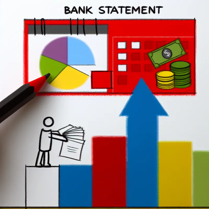 Minimalistische illustratie van een vrolijke bankafschrift met een opwaartse pijl die een gestegen saldo aangeeft, met een kalender op de 25e en een blij cartoonfiguurtje met een loonstrookje