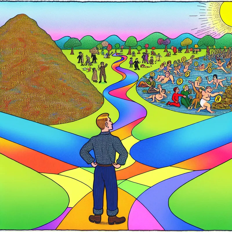 Cartoon van een persoon bij een kruispunt, denkend over kiezen tussen geld en geluk in een kleurrijke setting.
