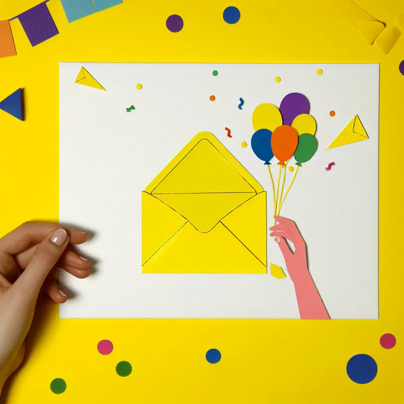 Heldere gele envelop in het midden, vastgehouden door een hand, omringd door feestelijke ballonnen en confetti