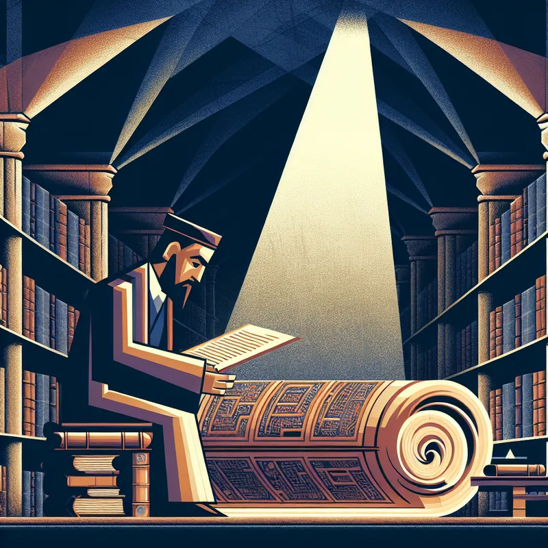 Geleerde bestudeert oude manuscripten in een historische bibliotheek met een retro-futuristisch ontwerp