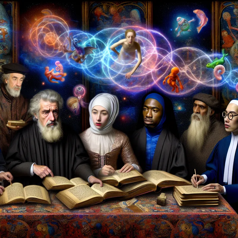 Een groep diverse geleerden verzameld rond een grote tafel met oude boeken en scrollen, besprekende een mystiek fenomeen.