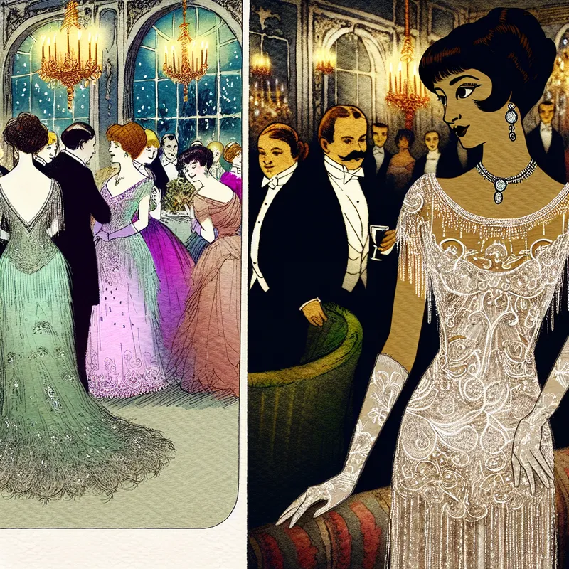 Elegante vrouw in een luxueuze avondjurk van delicate kant en glanzende stof in een sprookjesachtige balzaal met gasten en kaarslicht