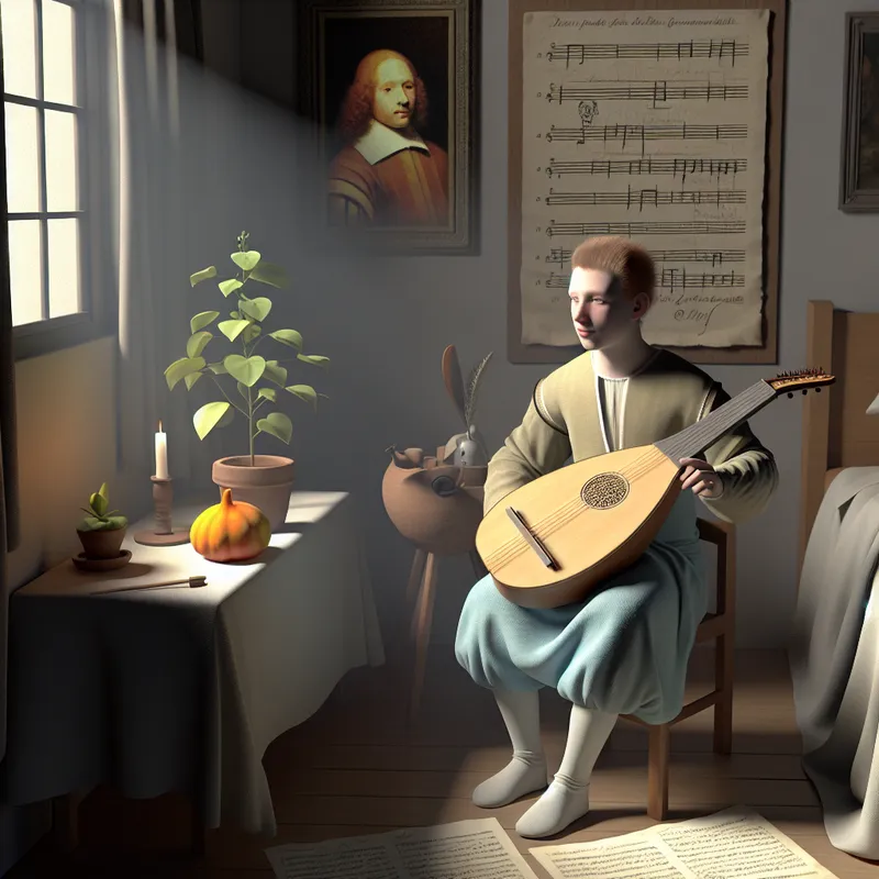 Jonge muzikant speelt in een zonnige kamer met symbolen van geleidelijke groei en persoonlijke ontwikkeling, in de stijl van Vermeer