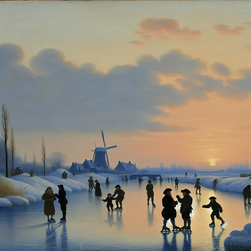 Sereen wintertafereel met een bevroren kanaal bij zonsondergang, mensen schaatsen en spelen geleidelijk in het zachte licht, in de stijl van Hendrick Avercamp