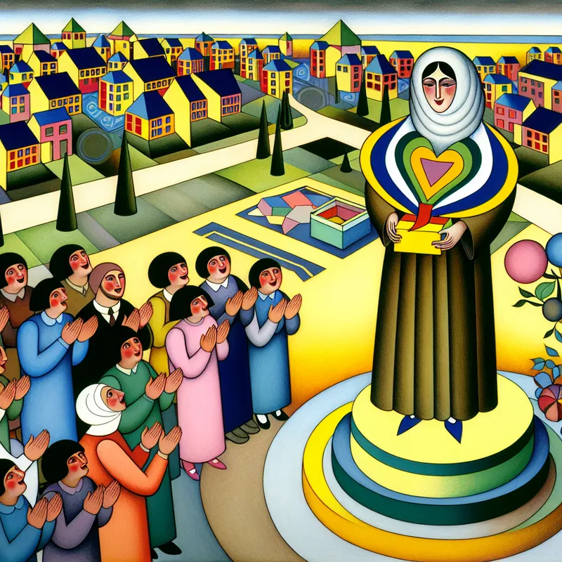 Illustratie van een geliefde leraar die een award ontvangt, omringd door blije studenten en ouders in een gemeenschap.