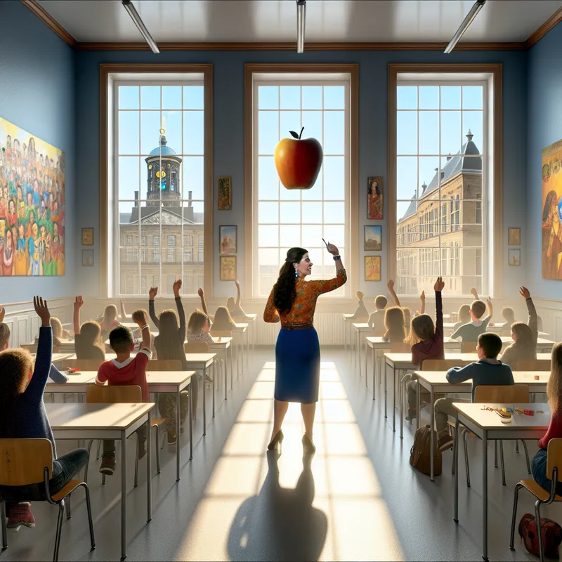 Hyper-realistisch beeld van een geliefde leraar in een klaslokaal met diverse, blije leerlingen die hun handen opsteken.