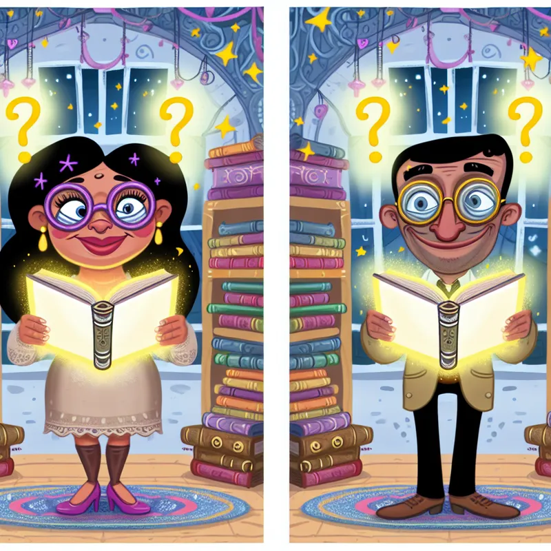 Twee cartoonfiguren met identieke magische boeken die gelijkstelling illustreren in een gezellige setting met boekenplanken en speelse details