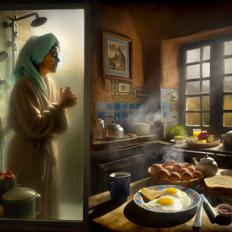 Een persoon die tegelijkertijd onder de douche staat en van ontbijt geniet in een warme, rustieke keuken.