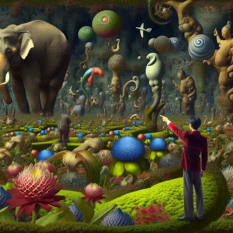 Surrealistisch tafereel van een persoon die met verbazing naar een grote olifant wijst tussen reusachtige bloemen en bizarre wezens, geïnspireerd op Hieronymus Bosch