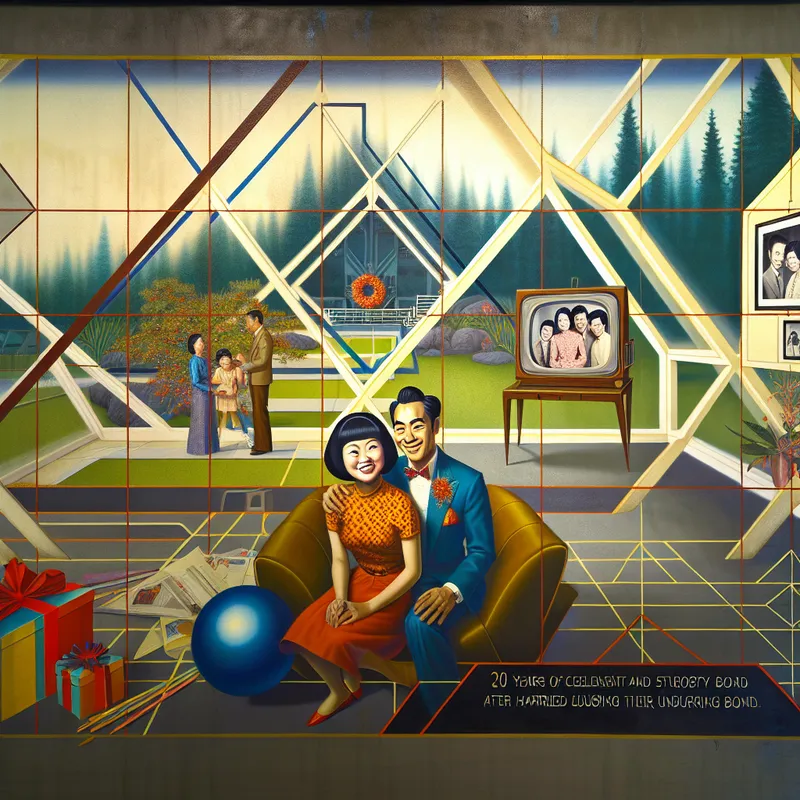 Een gelukkige echtpaar viert hun 20-jarig huwelijksjubileum in een modern retro-futuristisch interieur.