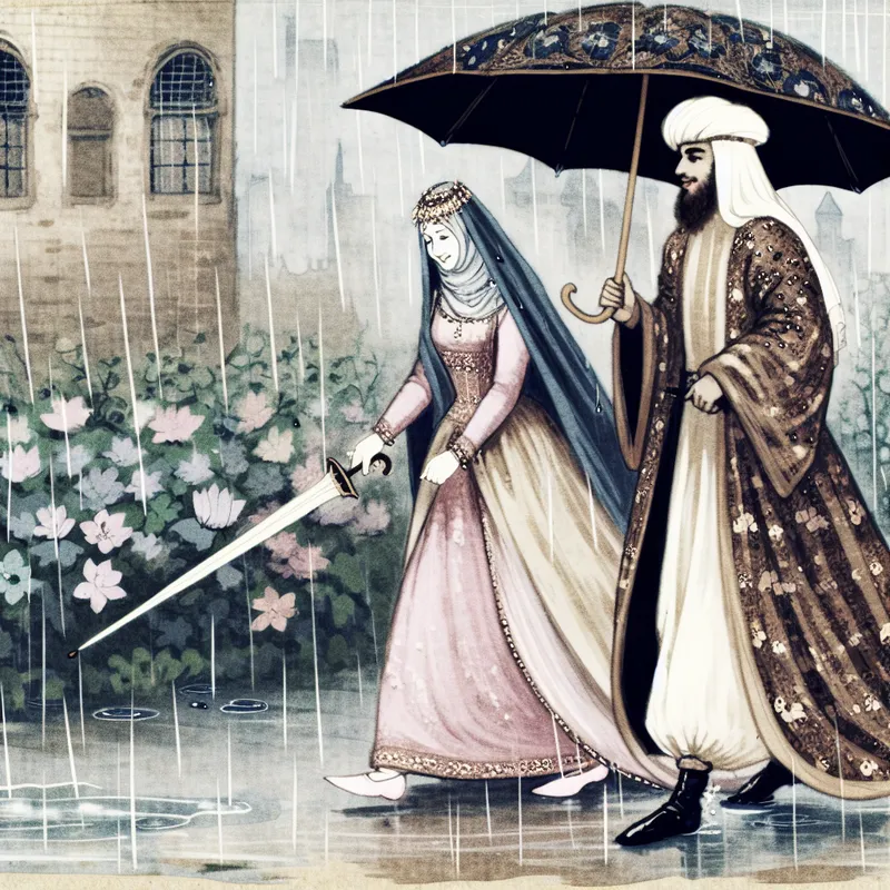 Een paar wandelt hand in hand onder een paraplu in de regen, met een glimlach, gekleed in elegante kleding.