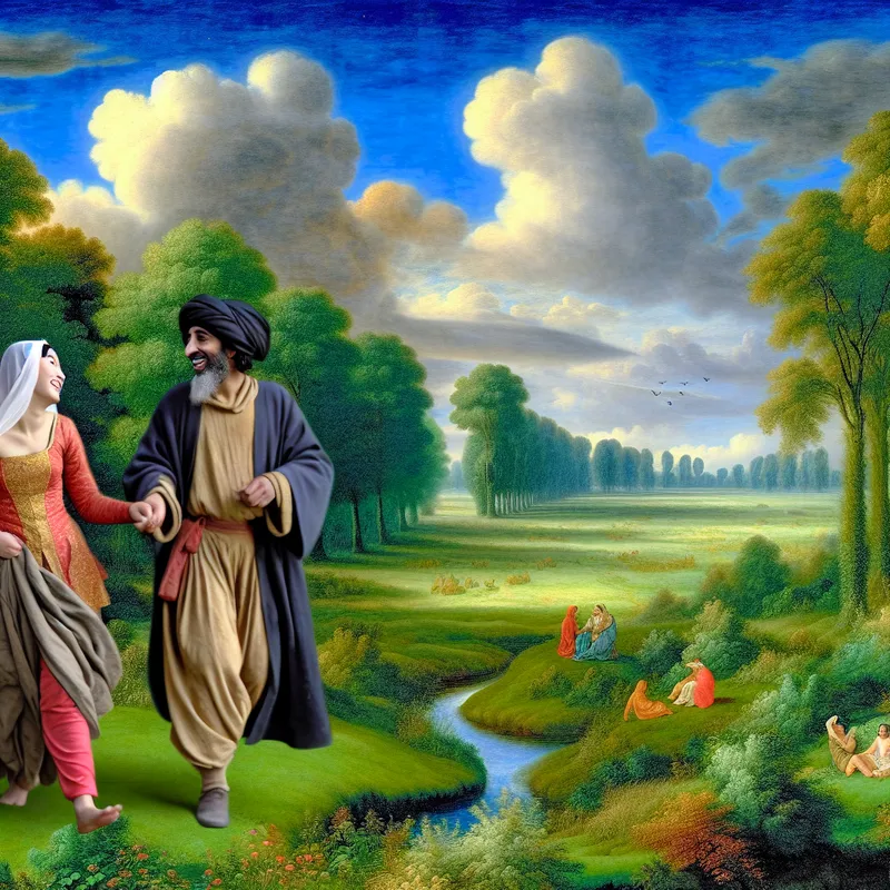 Een gelukkig stel wandelt hand in hand door een weelderig groen landschap met bomen en een rivier, straalt liefde en partnerschap uit.