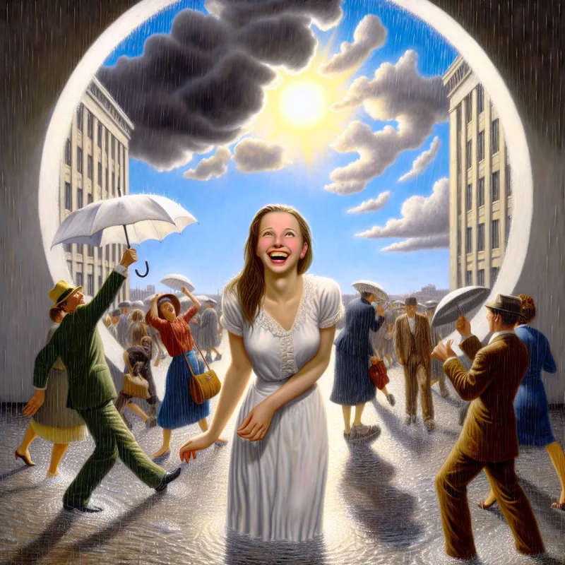 Jonge vrouw in zonneschijn omringd door regen