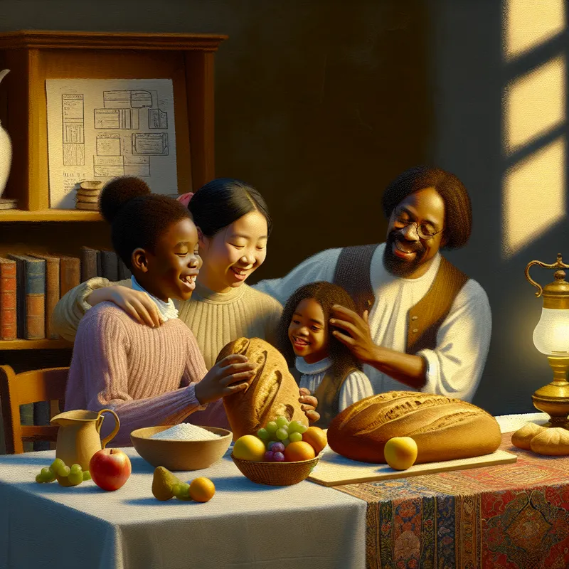 Een gelukkige familie verzameld rond een tafel vol voedsel en boeken in een warm verlichte kamer.