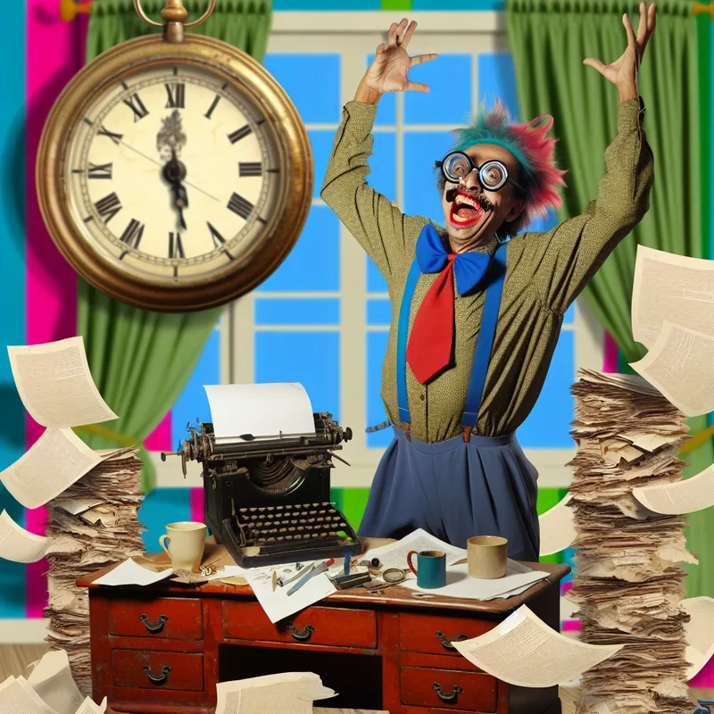 Een cartoonachtige schrijver met een bril en een creatieve outfit vierend bij een bureau vol papieren en een typemachine, met een blij gezicht en opgestoken armen.