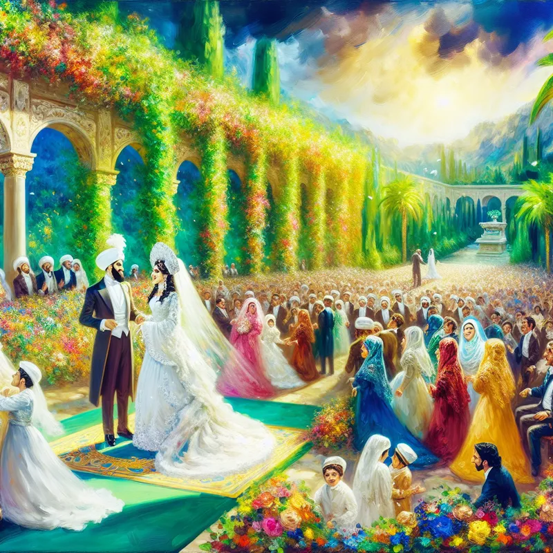 Een gelukkig stel in een tuin, terwijl ze hun trouwbelofte uitspreken omringd door blije gasten en bloemen.