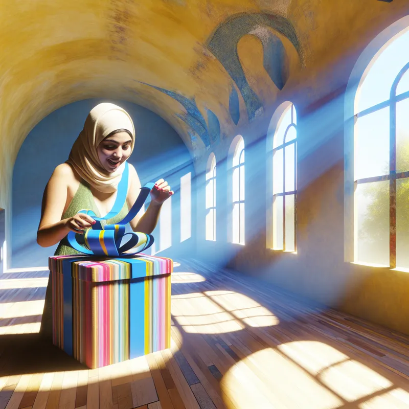 Een jonge vrouw opent een prachtig ingepakt cadeau in een heldere kamer met surrealistische architectuur