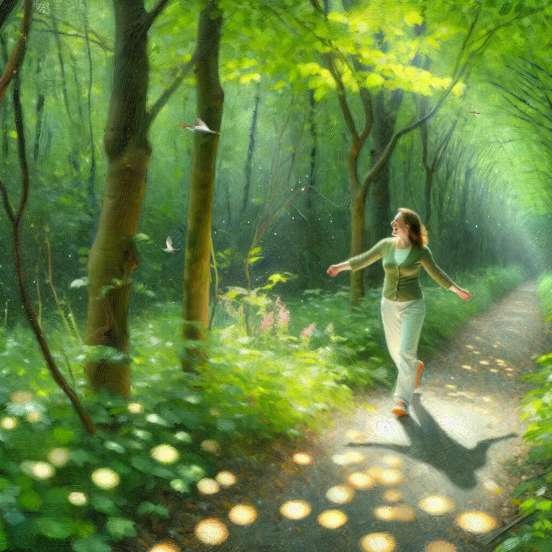 Een persoon wandelt gelukkig en tevreden door een weelderig groene bosomgeving met zonlicht dat door de bladeren valt.