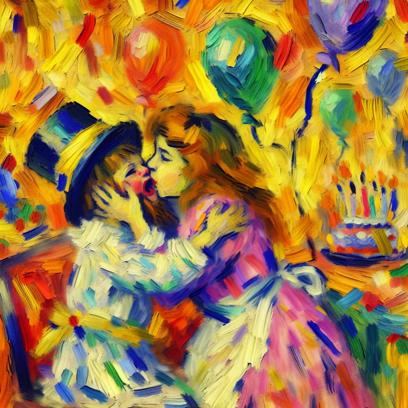 Abstract expressionistisch kunstwerk van een kind dat een wangzoen ontvangt van een volwassene, met levendige kleuren en dynamische penseelstreken.