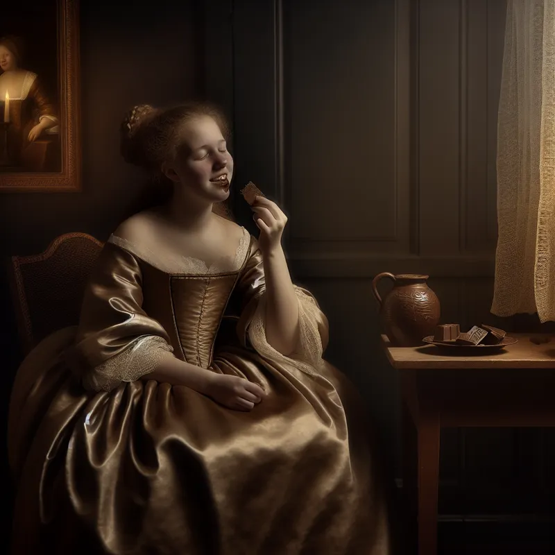 Jonge vrouw in elegante 17e-eeuwse jurk geniet van pure chocolade, met een zachte gloed die serotonine symboliseert, in een rustige binnenkamer