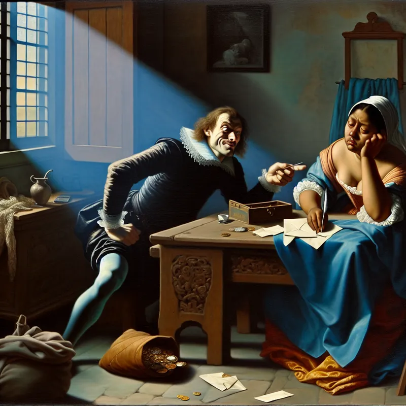 17e-eeuws schilderij in Vermeer-stijl van een man die een onschuldige vrouw valselijk beschuldigt met een vervalste brief, symboliserend gemeen en oneerlijk gedrag