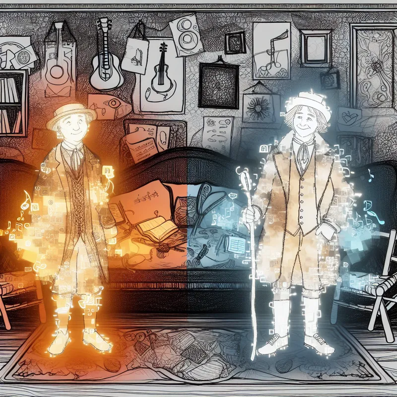 Twee vriendelijke cartoonfiguren delen hun gemeenschappelijke interesses zoals muziek, boeken en kunst in een warme, gezellige ruimte