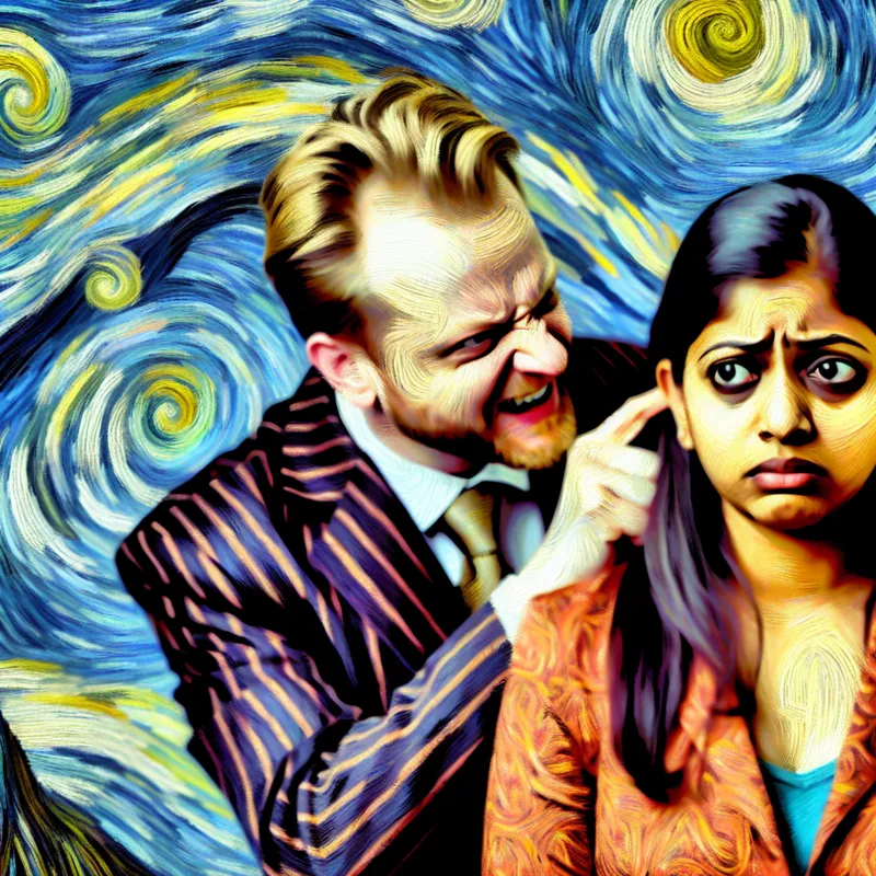 Illustratie van een leugenachtig persoon die een kwaadaardige leugen fluistert in het oor van een geschokte en gekwetste persoon, in de stijl van Vincent van Gogh