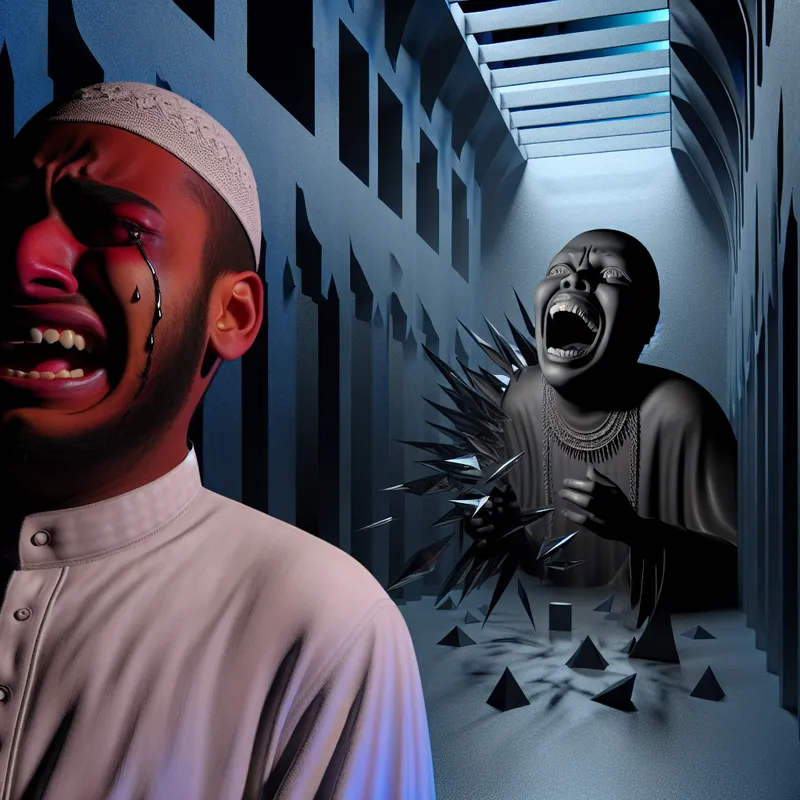 Surrealistische voorstelling van een persoon die huilt door gemene opmerkingen, met scherpe woorden die emotionele schade veroorzaken