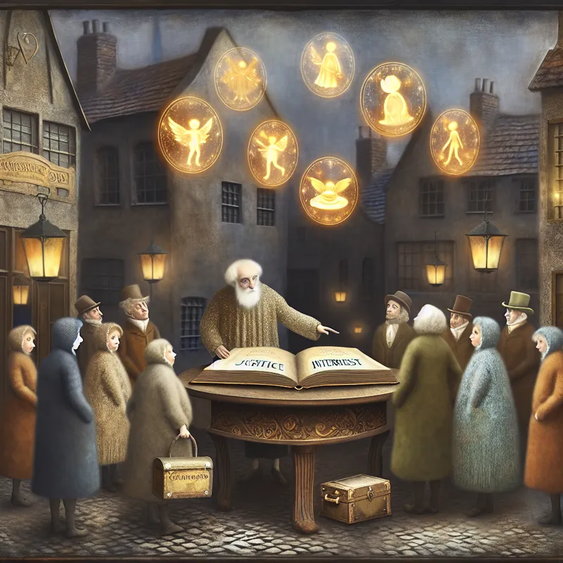 Nostalgische stadsscène met burgers rond een groot boek 'Belangen', symbolen van rechtvaardigheid, gezondheidszorg en onderwijs zweven erboven, terwijl een eenzame figuur met 'Eigen Belang' apart staat