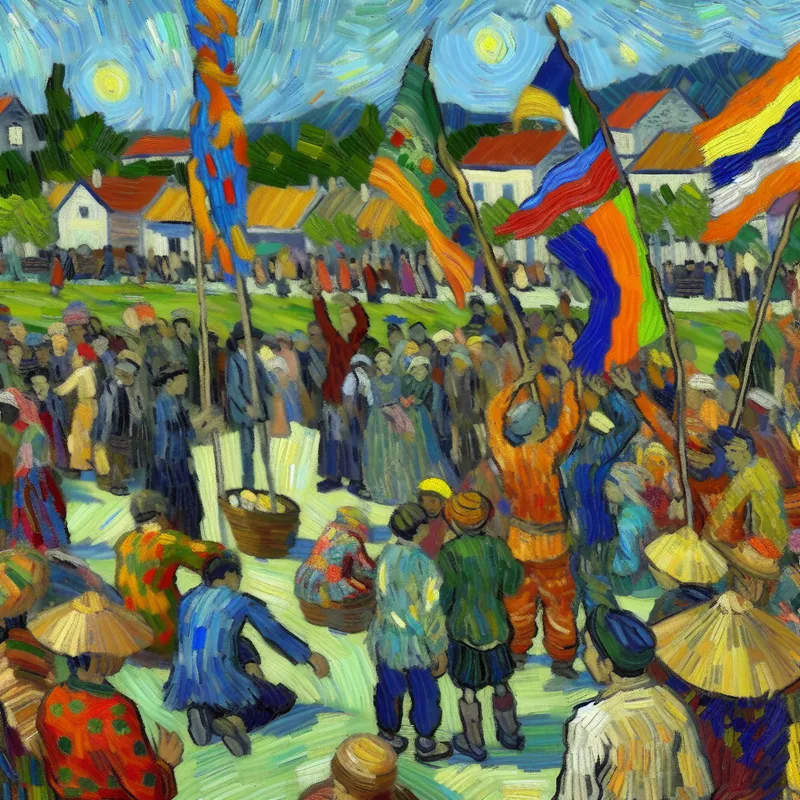 Vrolijke mensen van verschillende leeftijden deelnemen aan culturele activiteiten tijdens een lokaal evenement, met kleurrijke vlaggen op de achtergrond.