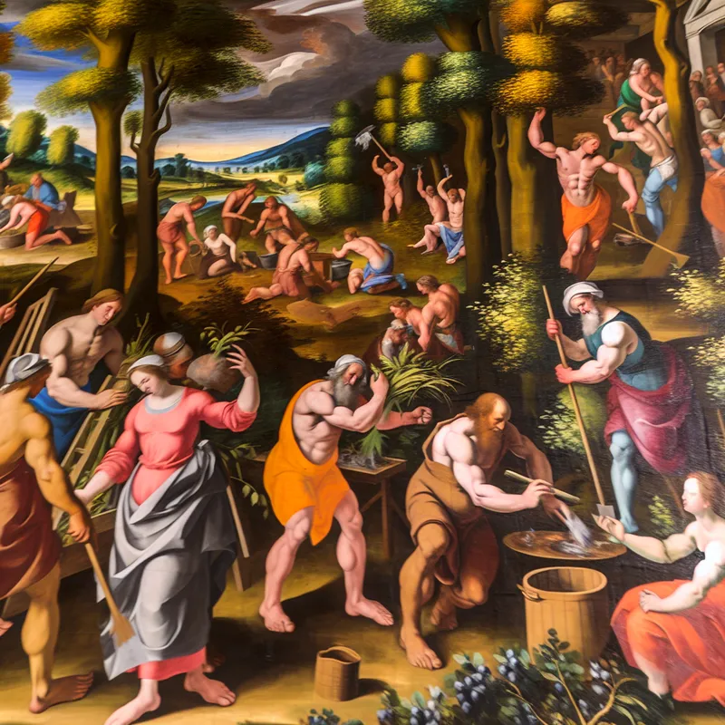 Vibrant community event with volunteers planting trees, painting, and sharing food, showcasing a sense of togetherness and cooperation.