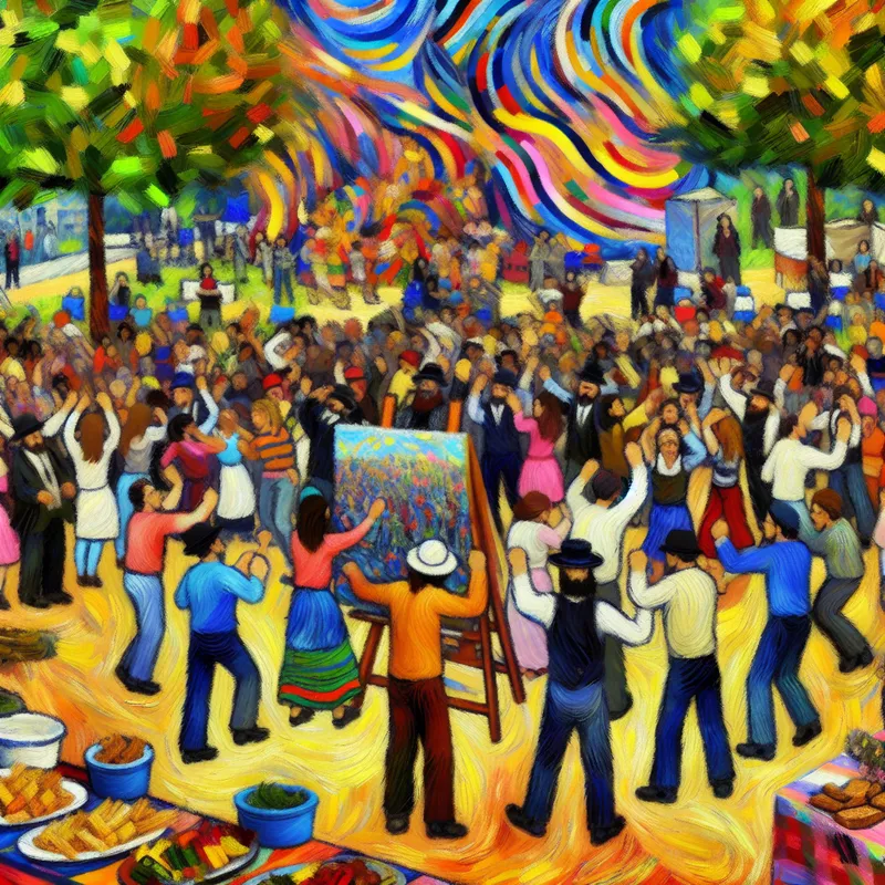 Een levendige gemeenschapsbijeenkomst in een park met mensen die kleurige muurschilderingen maken en genieten van eten en drinken.