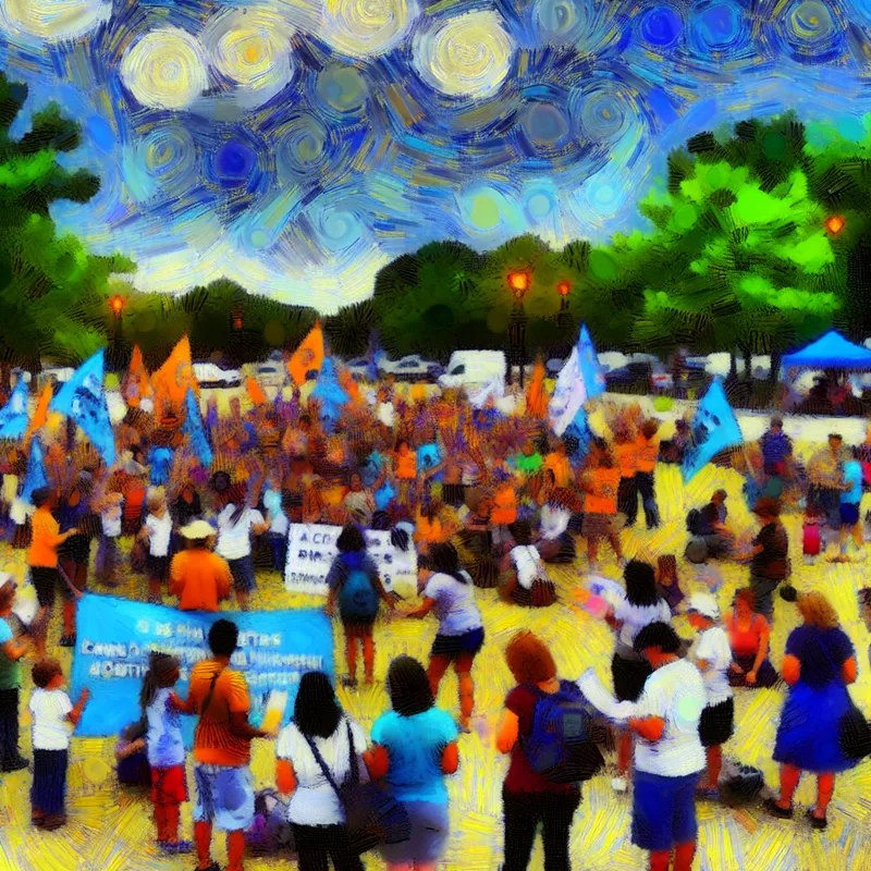 Vibrante campagne met diverse mensen die buiten samenkomen, kleurrijke banners en flyers in handen, in een park met kinderen en mooie bomen.