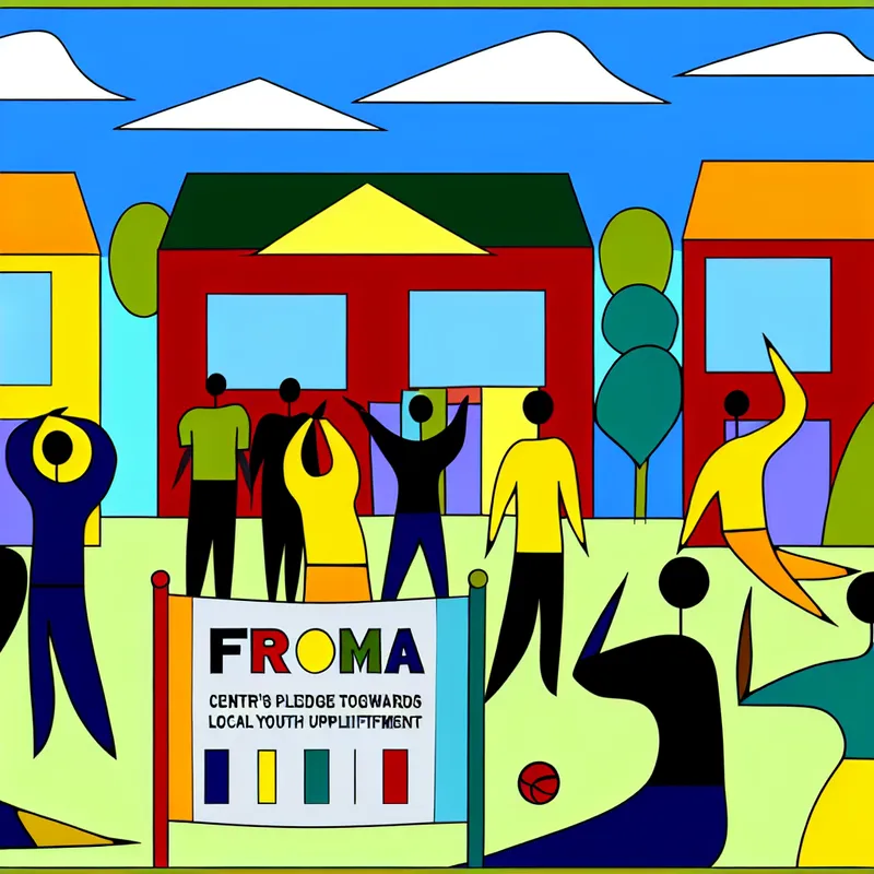 Minimalistische illustratie van een levendig gemeenschapscentrum met jongeren die deelnemen aan workshops en sportactiviteiten, met een banner 'FROMA' op de voorgrond.