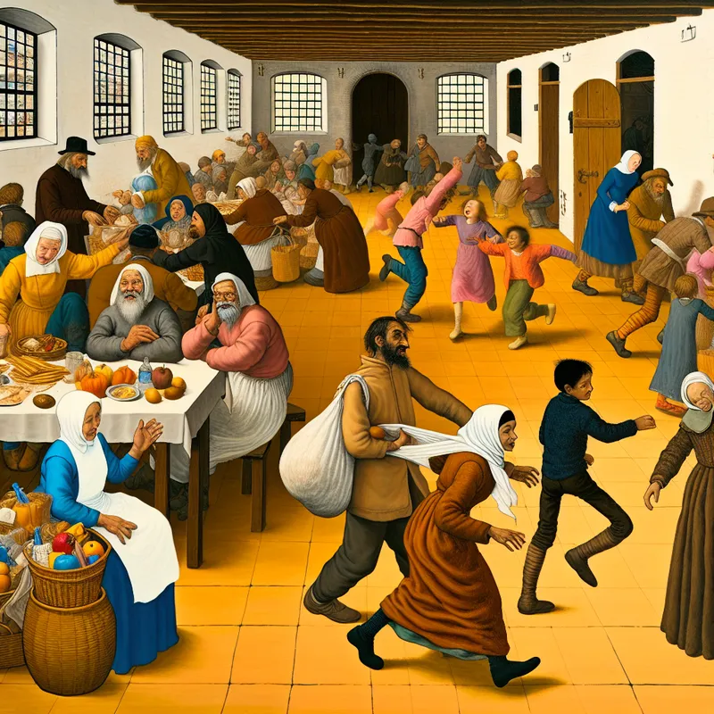 Een vrouw helpt een oudere persoon met een boodschappentas in een bruisend gemeenschapcentrum vol activiteit.