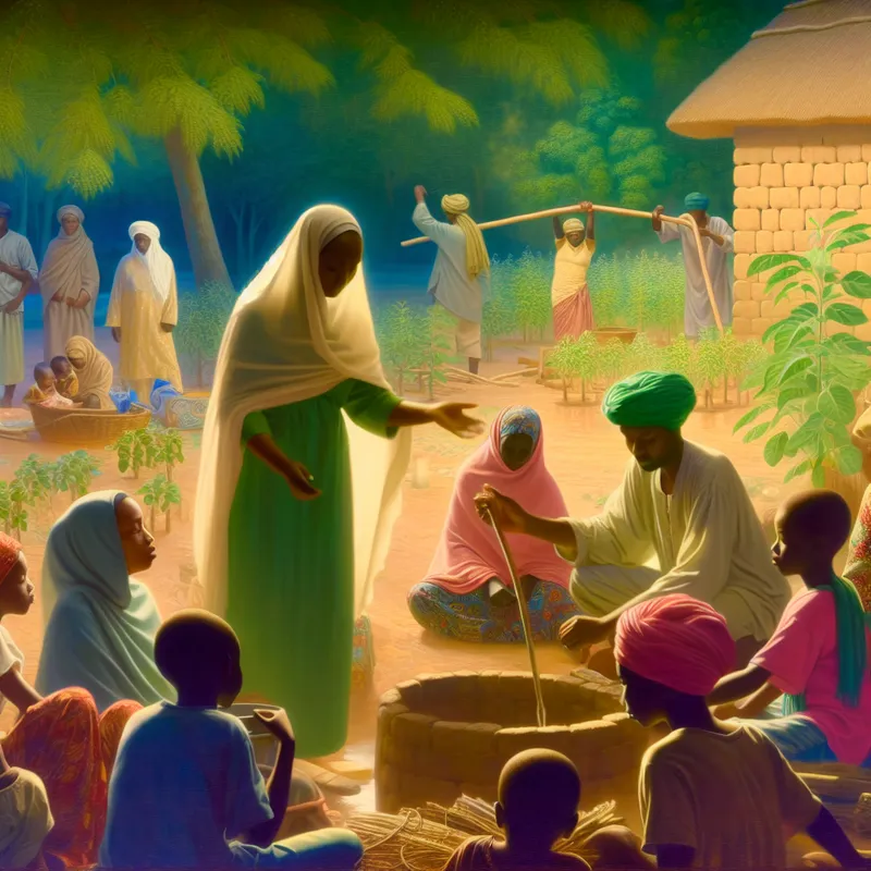 Een vrouw onderwijst kinderen over landbouw in een Afrikaans dorp terwijl mannen een waterput bouwen.