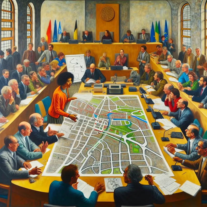 Gedetailleerde schilderij in de stijl van Jan Steen van een gemeenteraadsvergadering waar stadsambtenaren en burgers een verkeersveiligheidsstrategie bespreken met kaarten en plannen op tafel