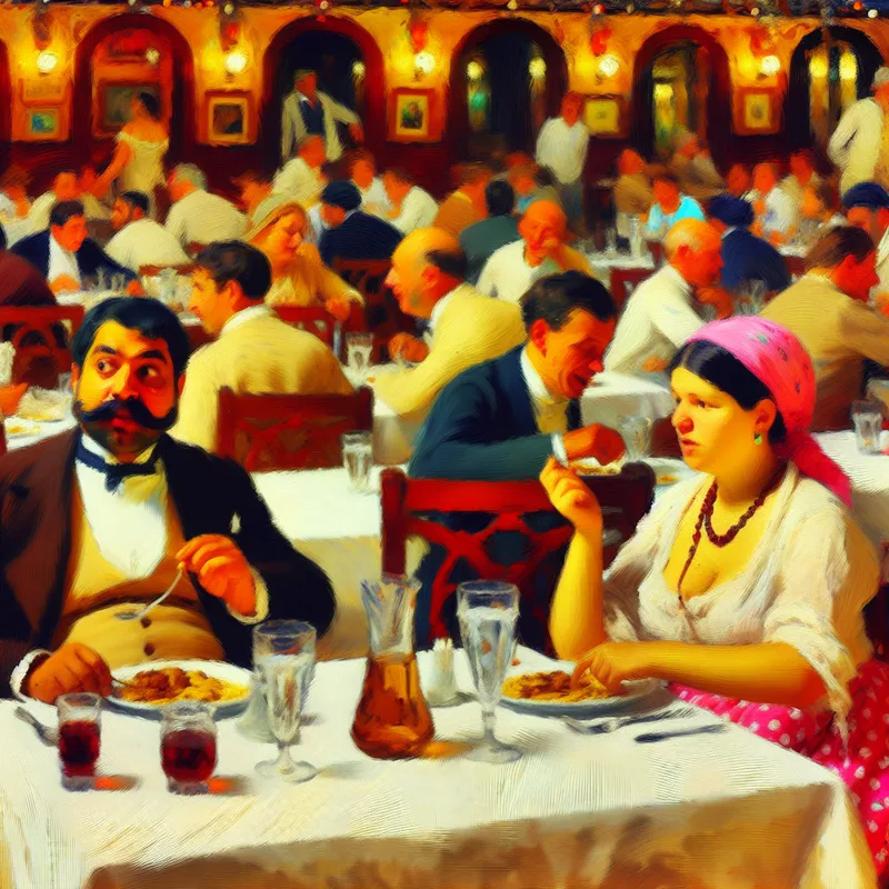 Een stel in een restaurant met een gemiddeld diner, stoelen en tafels in een drukke setting